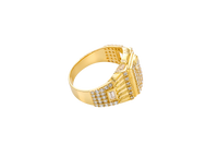 14KT Gold Ring Men's Raised Rectangle Vertical Flag Shape with White CZ Stone Rows and One Larger Round White CZ Stone Plain Triangle Shape Border as in Star position Side Design White CZ Stone Rows with Baguette/Plain Border