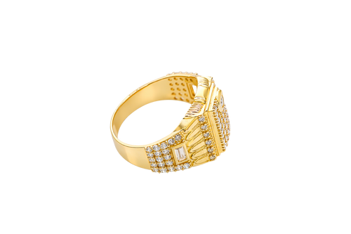 14KT Gold Ring Men's Raised Rectangle Vertical Flag Shape with White CZ Stone Rows and One Larger Round White CZ Stone Plain Triangle Shape Border as in Star position Side Design White CZ Stone Rows with Baguette/Plain Border