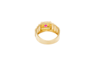 14KT Gold Ring Men's Round Red CZ Stone Plain Square Border with Side Design White CZ Stones 2 Tiers Single Row 3rd Tier Triple Row of Five White CZ Stones