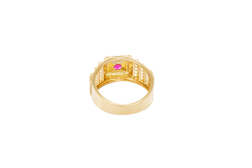 14KT Gold Ring Men's Round Red CZ Stone Plain Square Border with Side Design White CZ Stones 2 Tiers Single Row 3rd Tier Triple Row of Five White CZ Stones