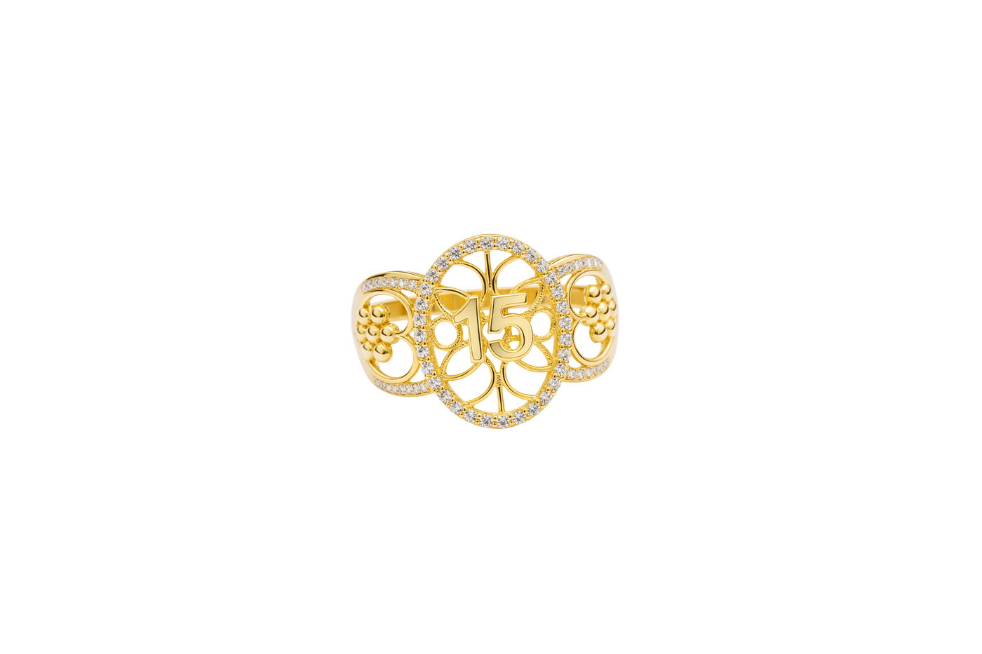 14KT Gold Ring Women's "15" Open Floral Oval Quinceanera Center with White CZ Stones Border Open Hearts on Shank with Seven Dot Flower Design and a Plain Band