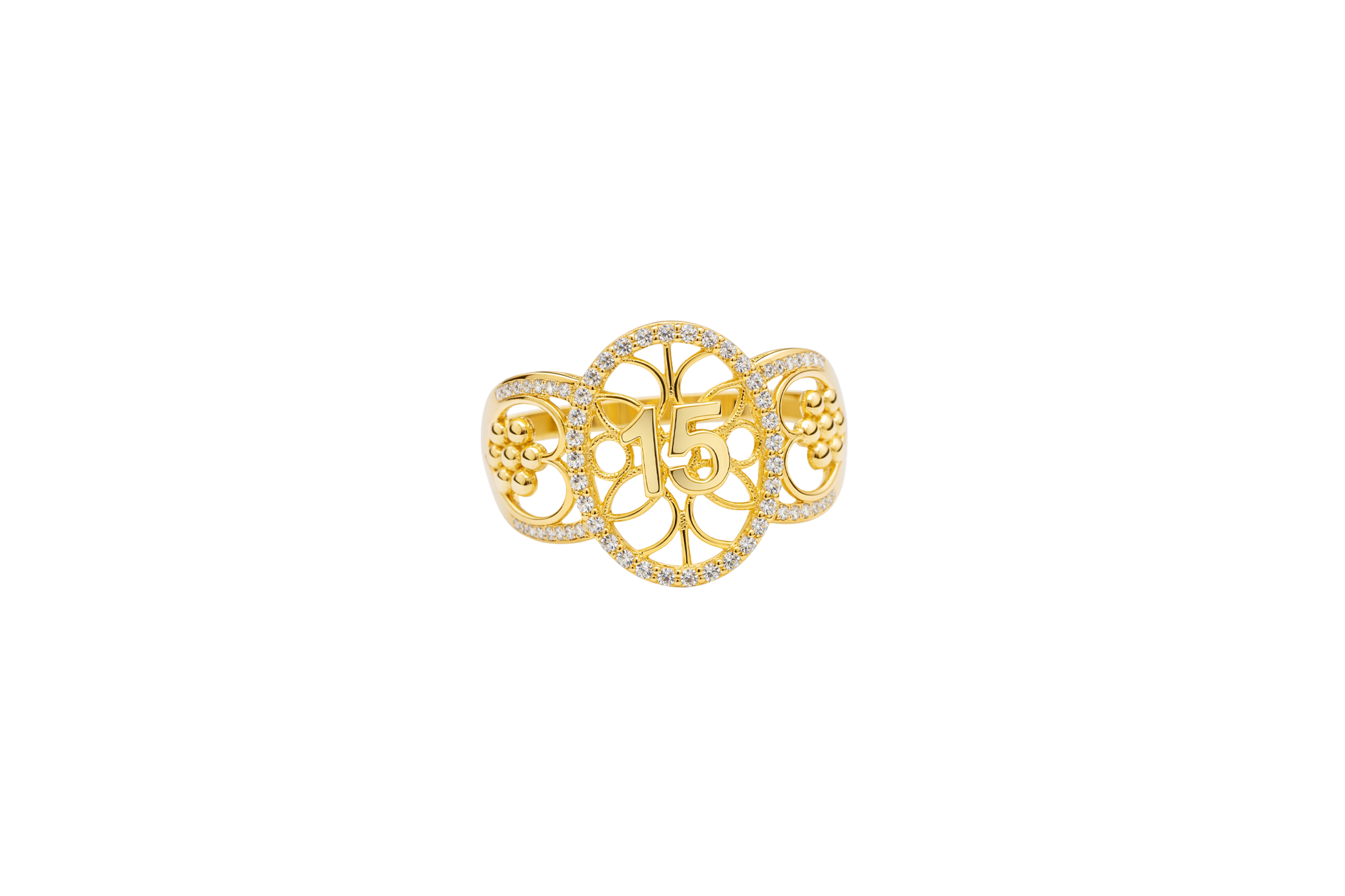 14KT Gold Ring Women's "15" Open Floral Oval Quinceanera Center with White CZ Stones Border Open Hearts on Shank with Seven Dot Flower Design and a Plain Band