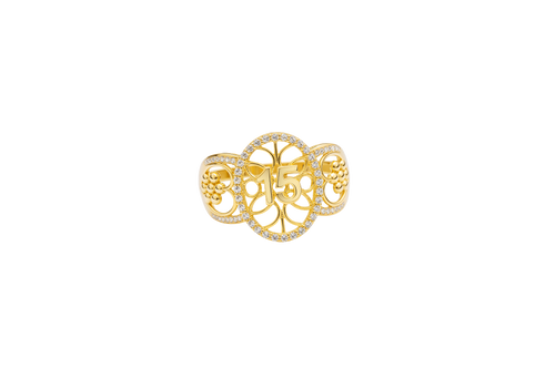 14KT Gold Ring Women's "15" Open Floral Oval Quinceanera Center with White CZ Stones Border Open Hearts on Shank with Seven Dot Flower Design and a Plain Band
