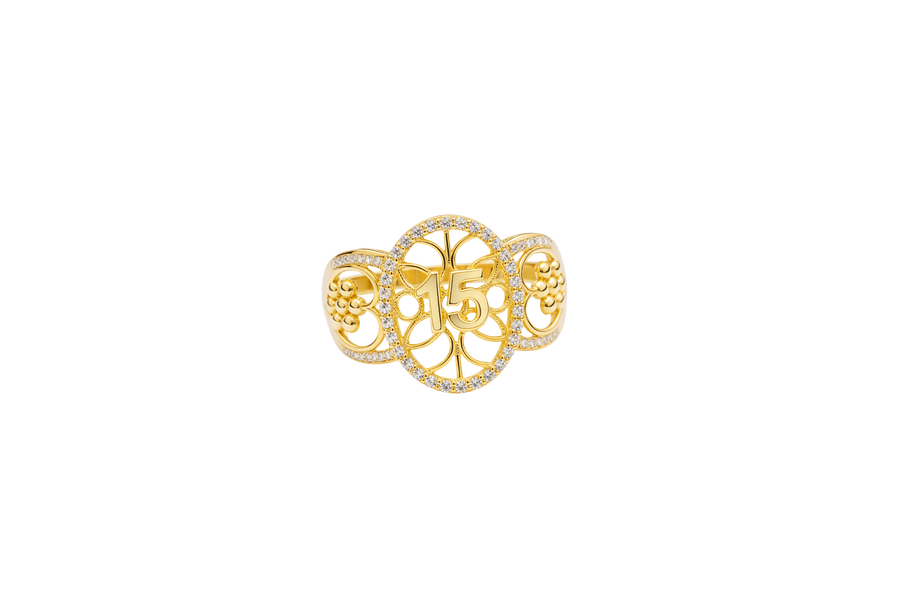 14KT Gold Ring Women's "15" Open Floral Oval Quinceanera Center with White CZ Stones Border Open Hearts on Shank with Seven Dot Flower Design and a Plain Band
