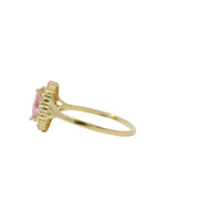14KT Gold Ring Women's Oval Pink CZ Stone Center with Round White CZ Stones Border and Mini Plain Double Split Band
