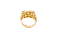 14KT Gold Ring Men's Square Two Tone Scorpion Center with White CZ Stone Border Black CZ Corner Stones with Side Design Black / Gold Greek Style Square with Black CZ Stone Border Around a Raised Arrow on Each Side
