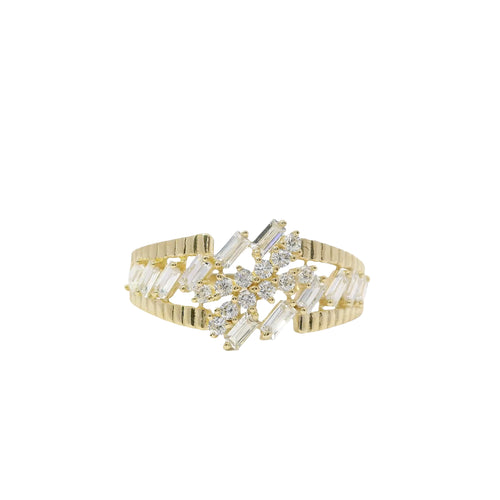 14KT Gold Ring Women's Light Weight Baguette White CZ Stone Open Snowflake Center Mock Bypass Band