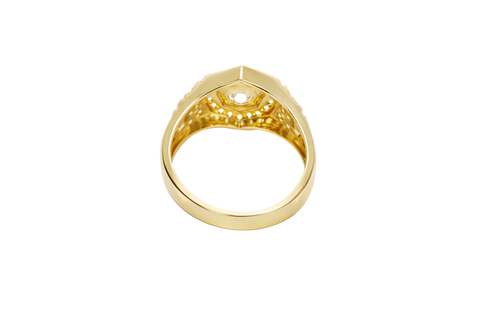 14KT Gold Ring Men's Octagon White Round CZ Center Stone White CZ Stone Border Side Design Two Single Rows of Six White CZ Stones