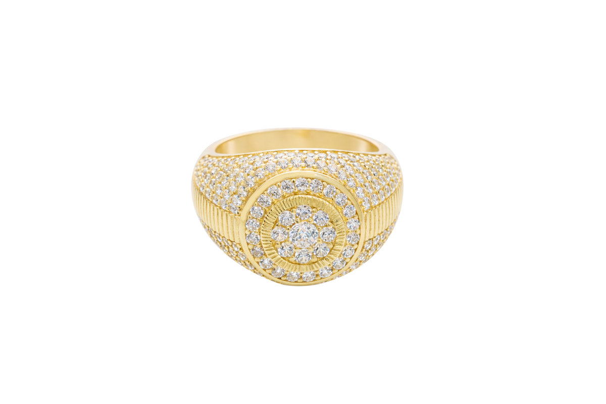 14KT Gold Ring Men's Round Double Platform Cluster Eight White CZ Stones Center with Plain Platform Ribbed Frame Side Design Pave Galaxy Formation White CZ Stones with Plain Ladder Print on Band