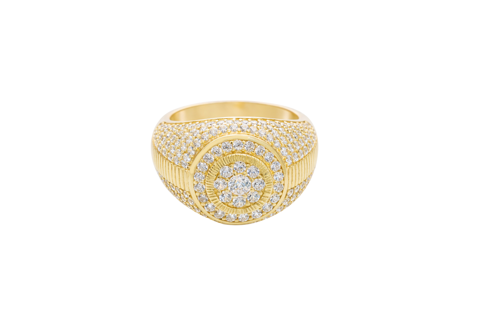 14KT Gold Ring Men's Round Double Platform Cluster Eight White CZ Stones Center with Plain Platform Ribbed Frame Side Design Pave Galaxy Formation White CZ Stones with Plain Ladder Print on Band