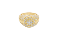 14KT Gold Ring Men's Round Double Platform Cluster Eight White CZ Stones Center with Plain Platform Ribbed Frame Side Design Pave Galaxy Formation White CZ Stones with Plain Ladder Print on Band