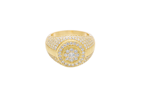 14KT Gold Ring Men's Round Double Platform Cluster Eight White CZ Stones Center with Plain Platform Ribbed Frame Side Design Pave Galaxy Formation White CZ Stones with Plain Ladder Print on Band