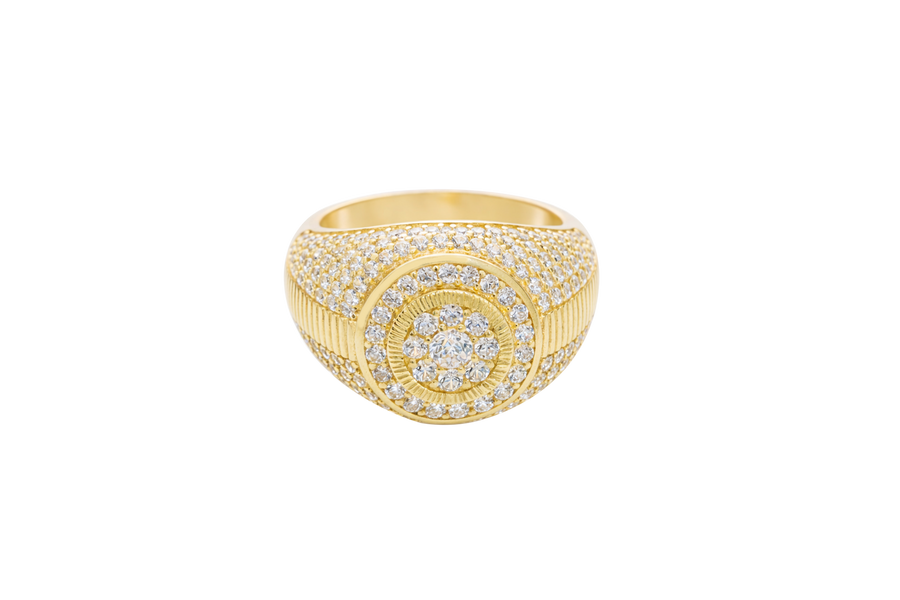 14KT Gold Ring Men's Round Double Platform Cluster Eight White CZ Stones Center with Plain Platform Ribbed Frame Side Design Pave Galaxy Formation White CZ Stones with Plain Ladder Print on Band