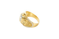 14KT Gold Ring Men's Rectangle Double Plain Border Shank Design Fleur De Lis with U Shaped White CZ Stone Border