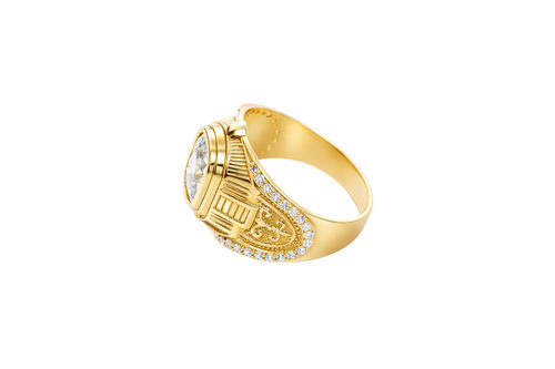 14KT Gold Ring Men's Rectangle Double Plain Border Shank Design Fleur De Lis with U Shaped White CZ Stone Border