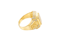 14KT Gold Ring Men's Rectangle Double Platform Seven Rows of Five White CZ Stone Cluster Center with Triple Row of Seven White CZ Stones on Edges Seven White CZ Stones Corners and Infinity Loop Knot on Sides