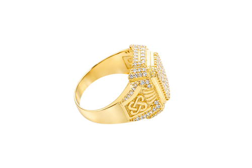 14KT Gold Ring Men's Rectangle Double Platform Seven Rows of Five White CZ Stone Cluster Center with Triple Row of Seven White CZ Stones on Edges Seven White CZ Stones Corners and Infinity Loop Knot on Sides