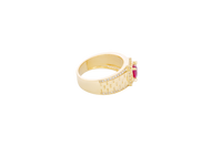 14KT Gold Ring Men's Square Red Round CZ Center Stone White CZ Stone Border Side Design White CZ Stones Border with Jubilee Watch Band Print