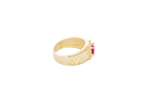 14KT Gold Ring Men's Square Red Round CZ Center Stone White CZ Stone Border Side Design White CZ Stones Border with Jubilee Watch Band Print