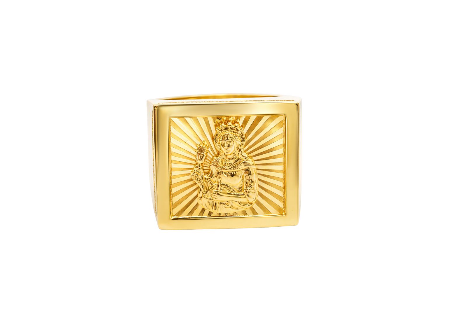 14KT Gold Ring Men's Square St. Barbara Plain Border Double Row White CZ Stones Outside Border Plain Band