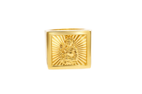 14KT Gold Ring Men's Square St. Barbara Plain Border Double Row White CZ Stones Outside Border Plain Band
