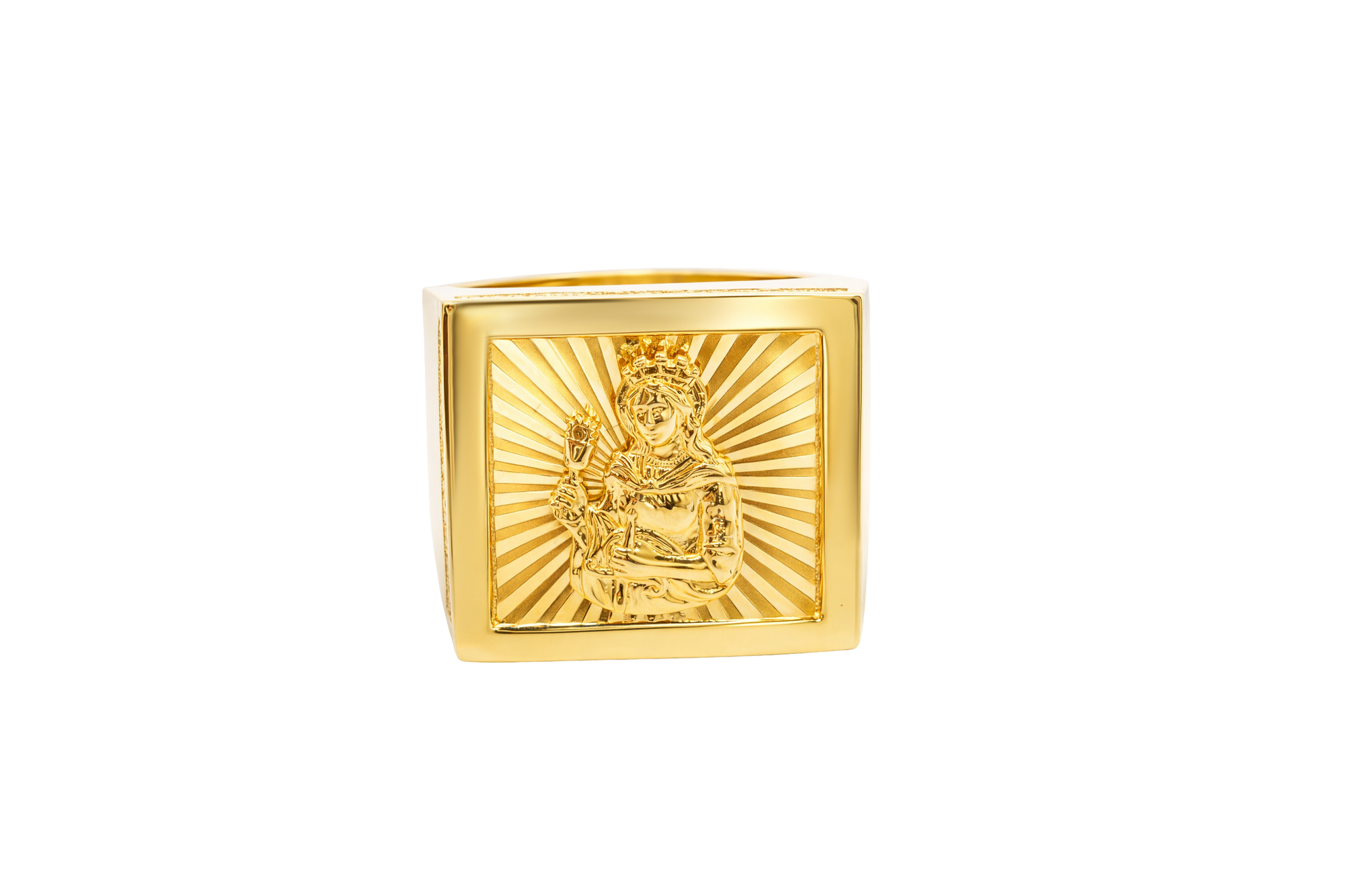 14KT Gold Ring Men's Square St. Barbara Plain Border Double Row White CZ Stones Outside Border Plain Band