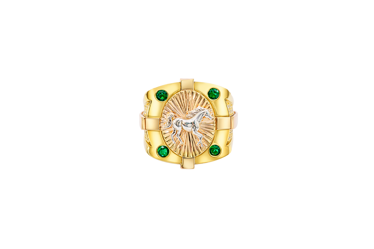 14KT Gold Ring Men's Square Tri Tone Raised Oval Full Horse with Sunray Background and Corner Design One Green CZ Stone Band Design Double Row White CZ Stone Interlocking Top/Side Cross