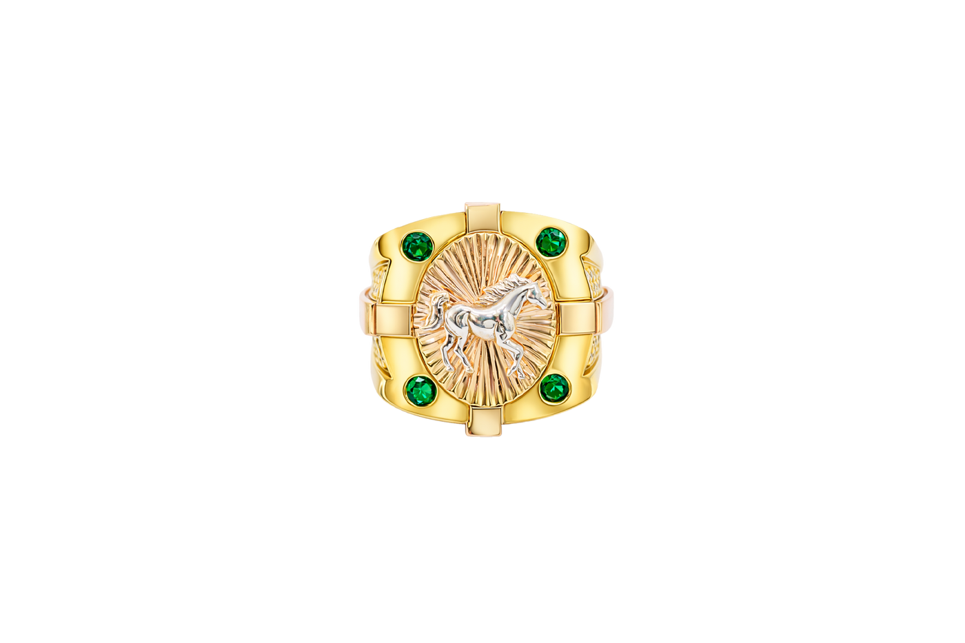 14KT Gold Ring Men's Square Tri Tone Raised Oval Full Horse with Sunray Background and Corner Design One Green CZ Stone Band Design Double Row White CZ Stone Interlocking Top/Side Cross