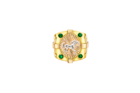 14KT Gold Ring Men's Square Tri Tone Raised Oval Full Horse with Sunray Background and Corner Design One Green CZ Stone Band Design Double Row White CZ Stone Interlocking Top/Side Cross