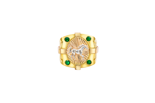 14KT Gold Ring Men's Square Tri Tone Raised Oval Full Horse with Sunray Background and Corner Design One Green CZ Stone Band Design Double Row White CZ Stone Interlocking Top/Side Cross