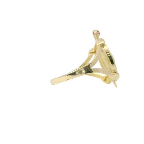 14KT Gold Ring Women's Jumbo White/Green/Red Mexico Flag CZ Stone Turtle Shell with Red CZ Eyes Plain Border and Plain Split Band