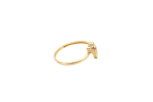 14KT Gold Ring Women's "15" Round Quinceanera White CZ Stones Border and Corner Six Petal White CZ Stones Flower with Dark Pink Center Plain Band