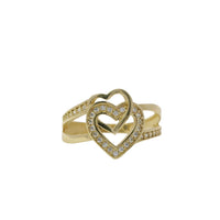 14KT Gold Ring Women's Interlocking Hearts Plain and CZ Stone Hearts and Split Band