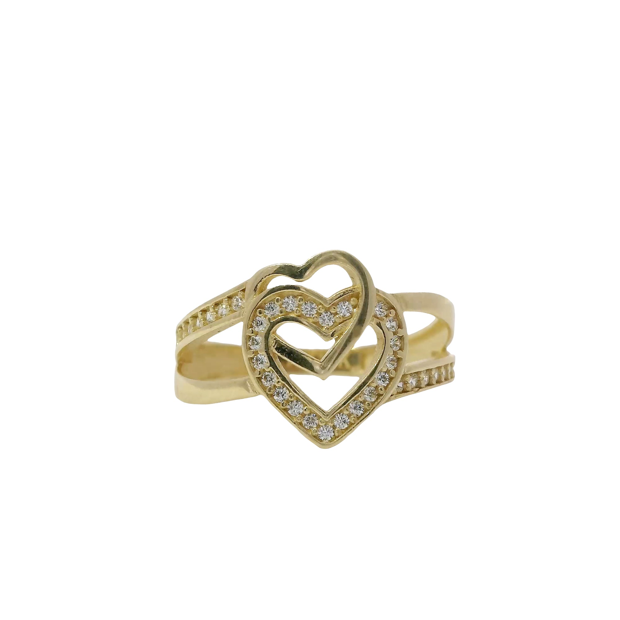 14KT Gold Ring Women's Interlocking Hearts Plain and CZ Stone Hearts and Split Band