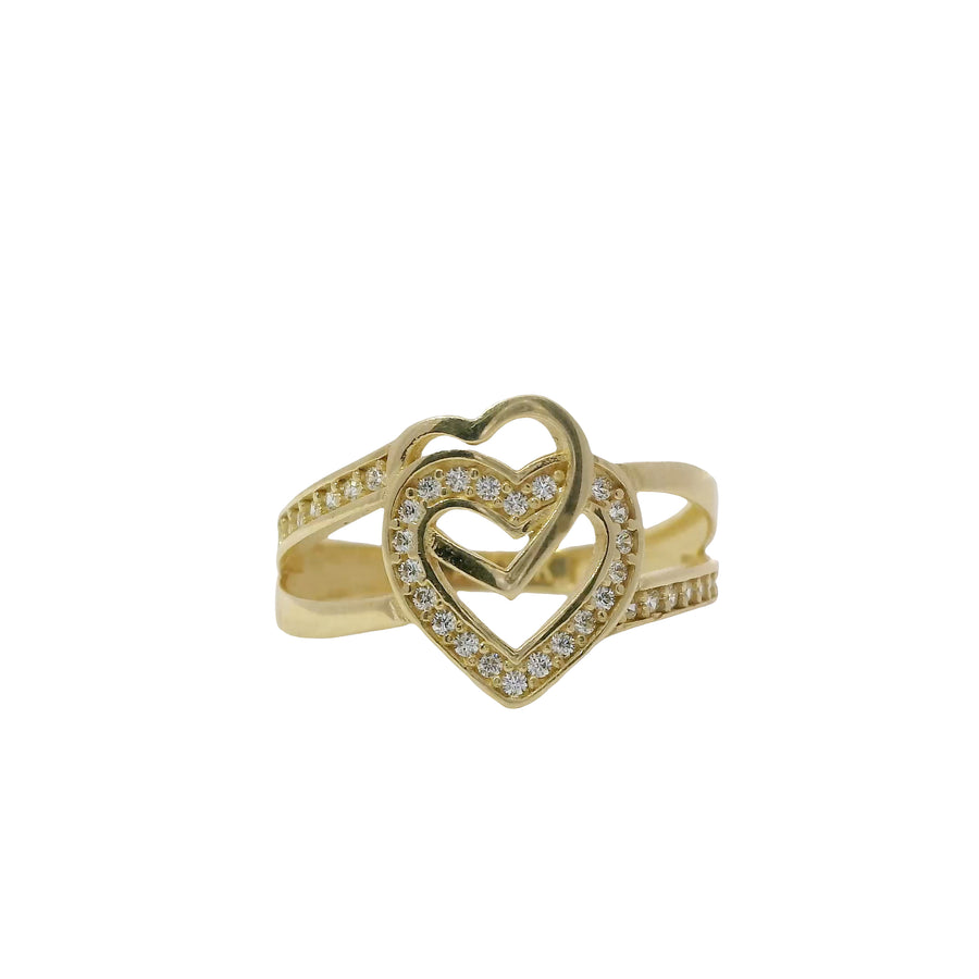 14KT Gold Ring Women's Interlocking Hearts Plain and CZ Stone Hearts and Split Band