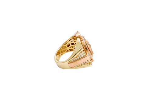 14KT Gold Ring Men's Square Two Tone Raised Oval Santa Muerte with Sunray Background and Corner Design One Green CZ Stone Shank Design Double Row White CZ Stone Interlocking Top/Side Cross