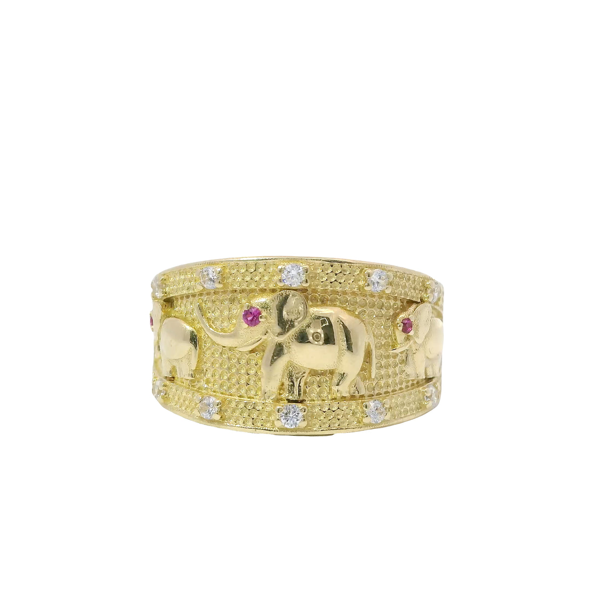 14KT Gold Ring Women's Closed Split Band with Three Pink Eye Elephants White CZ Stones Band Border