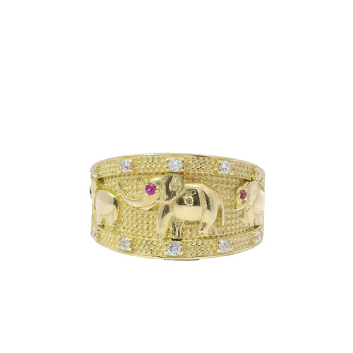 14KT Gold Ring Women's Closed Split Band with Three Pink Eye Elephants White CZ Stones Band Border
