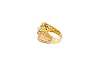 14KT Gold Ring Men's Square Two Tone Horse Head Round Center with Horseshoe Frame and White CZ Stones Border White CZ Stone on Each Corner and U-Shaped White CZ Stones Band Border