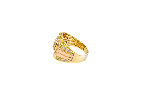 14KT Gold Ring Men's Square Two Tone Horse Head Round Center with Horseshoe Frame and White CZ Stones Border White CZ Stone on Each Corner and U-Shaped White CZ Stones Band Border