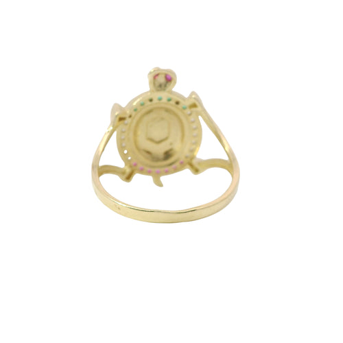 14KT Gold Ring Women's Jumbo White/Green/Red Mexico Flag CZ Stone Turtle Shell with Red CZ Eyes Plain Border and Plain Split Band