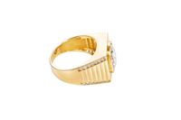 14KT Gold Ring Men's Square with Large White CZ Center Stone Plain Border Band Design 7 Round White CZ Stone Edge