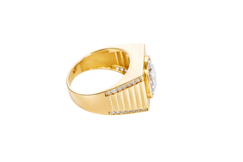 14KT Gold Ring Men's Square with Large White CZ Center Stone Plain Border Band Design 7 Round White CZ Stone Edge