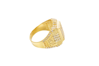 14KT Gold Ring Men's Rectangle Seven Row White CZ Stone Platform Double Plain Border Edge White Stones Shank Embossed Scrolled Design White CZ Stone Border and Three White CZ Stone Stripes