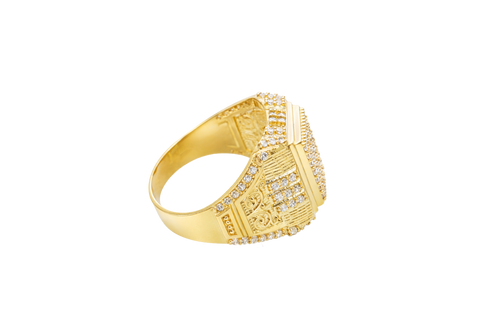 14KT Gold Ring Men's Rectangle Seven Row White CZ Stone Platform Double Plain Border Edge White Stones Shank Embossed Scrolled Design White CZ Stone Border and Three White CZ Stone Stripes