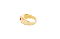 14KT Gold Ring Men's Square Red Round CZ Stone White CZ Stones Square Border with Side Design White CZ Stones Framing Two Dots in Center of "X" Design