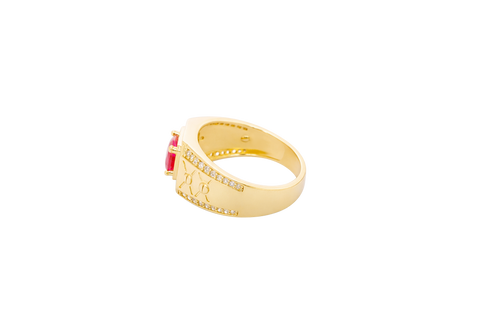 14KT Gold Ring Men's Square Red Round CZ Stone White CZ Stones Square Border with Side Design White CZ Stones Framing Two Dots in Center of "X" Design