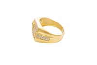 14KT Gold Ring Men's Square White CZ Stones Seven Row Center Square Design Raised 2 x 2 White CZ Stones Left/Right Edge Design with Double Row White CZ Stones Waterfall Side Design Plain Border