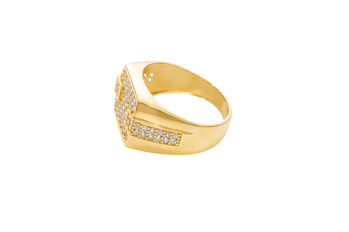 14KT Gold Ring Men's Square White CZ Stones Seven Row Center Square Design Raised 2 x 2 White CZ Stones Left/Right Edge Design with Double Row White CZ Stones Waterfall Side Design Plain Border