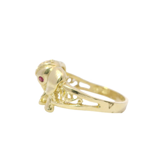 14KT Gold Ring Women's Forward Facing Pink Eye Elephant with White CZ Stones Veil Split Band with Three Loops on Side